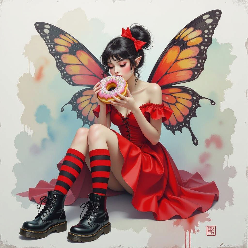 Modern fairy eating a donut