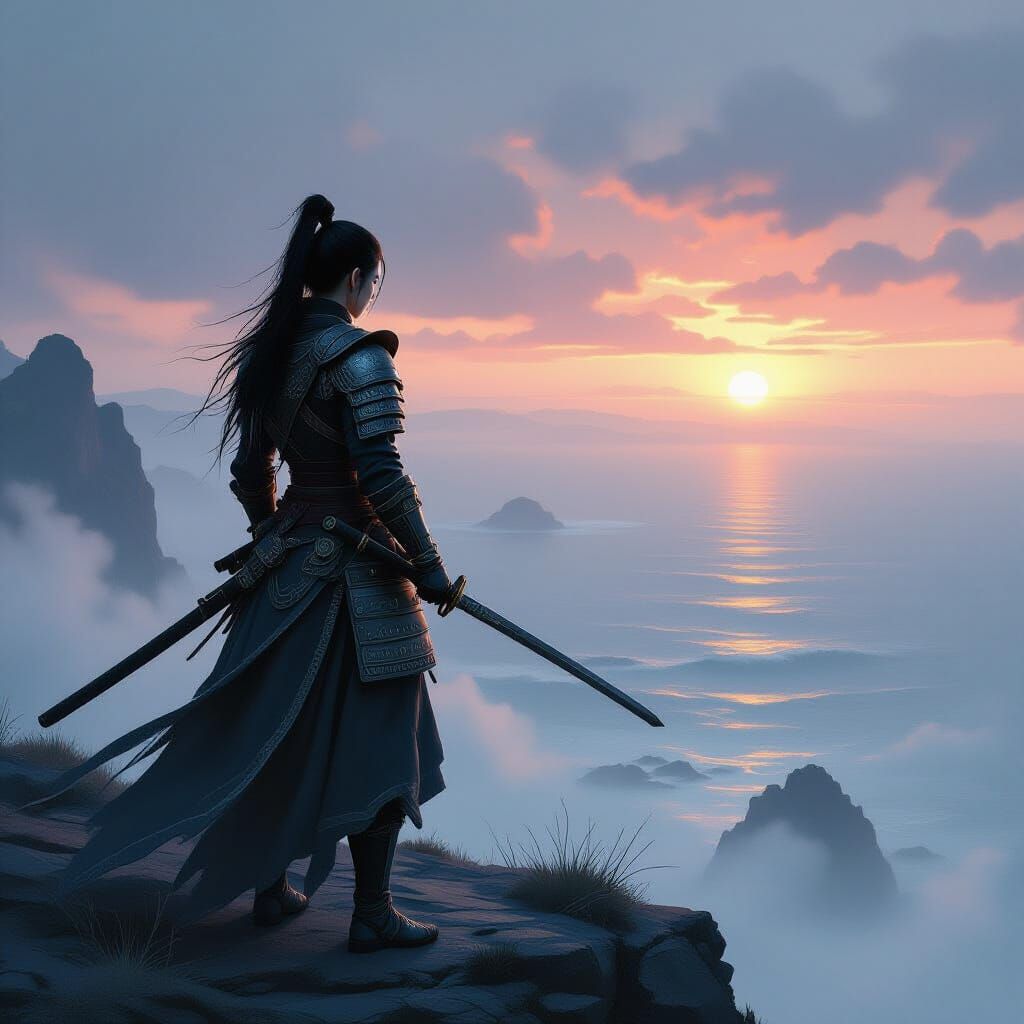 Samurai Warrior Contemplating Ocean Dawn in Dark Fantasy Sty...