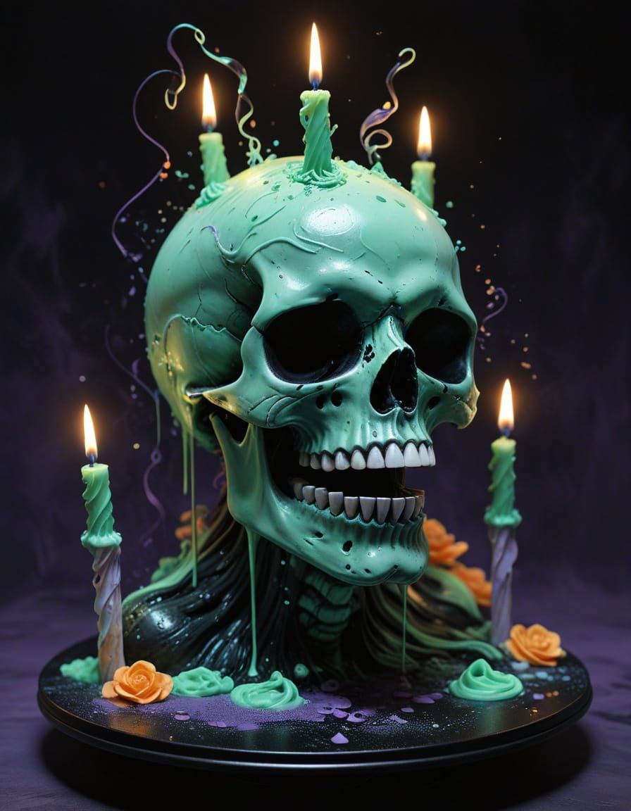 Haunted Cake With Ghostly Hands and Skull Balloon