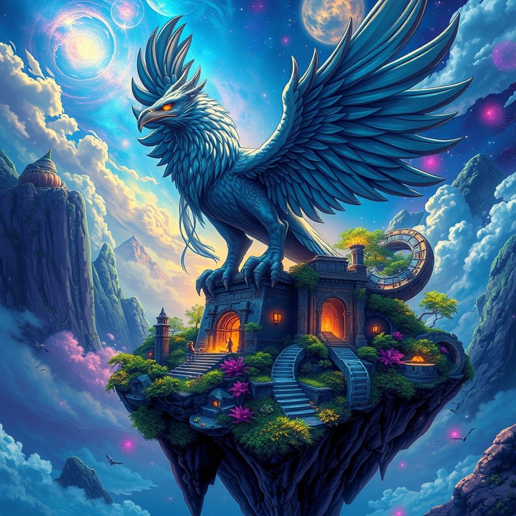 Fantastical Griffin on Lush Island in Cosmic Sky