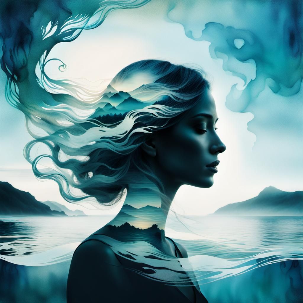 Double Exposure: Woman and Ocean in Ink Art