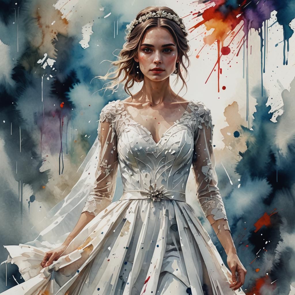 Glitch Watercolor of Bride in White Wedding Dress