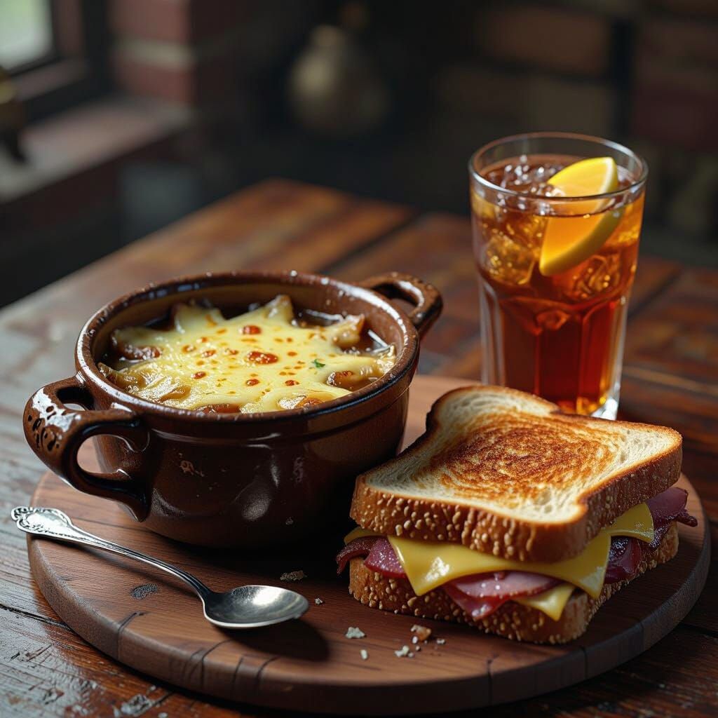 French Onion Soup and Reuben Sandwich Still Life