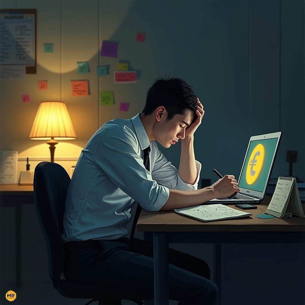 Sad Man at Desk in Dimly Lit Office
