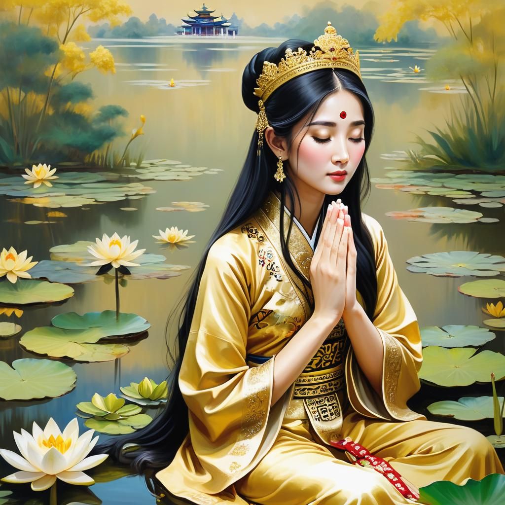 Asian Woman in Golden Costume: 3D Anime Art