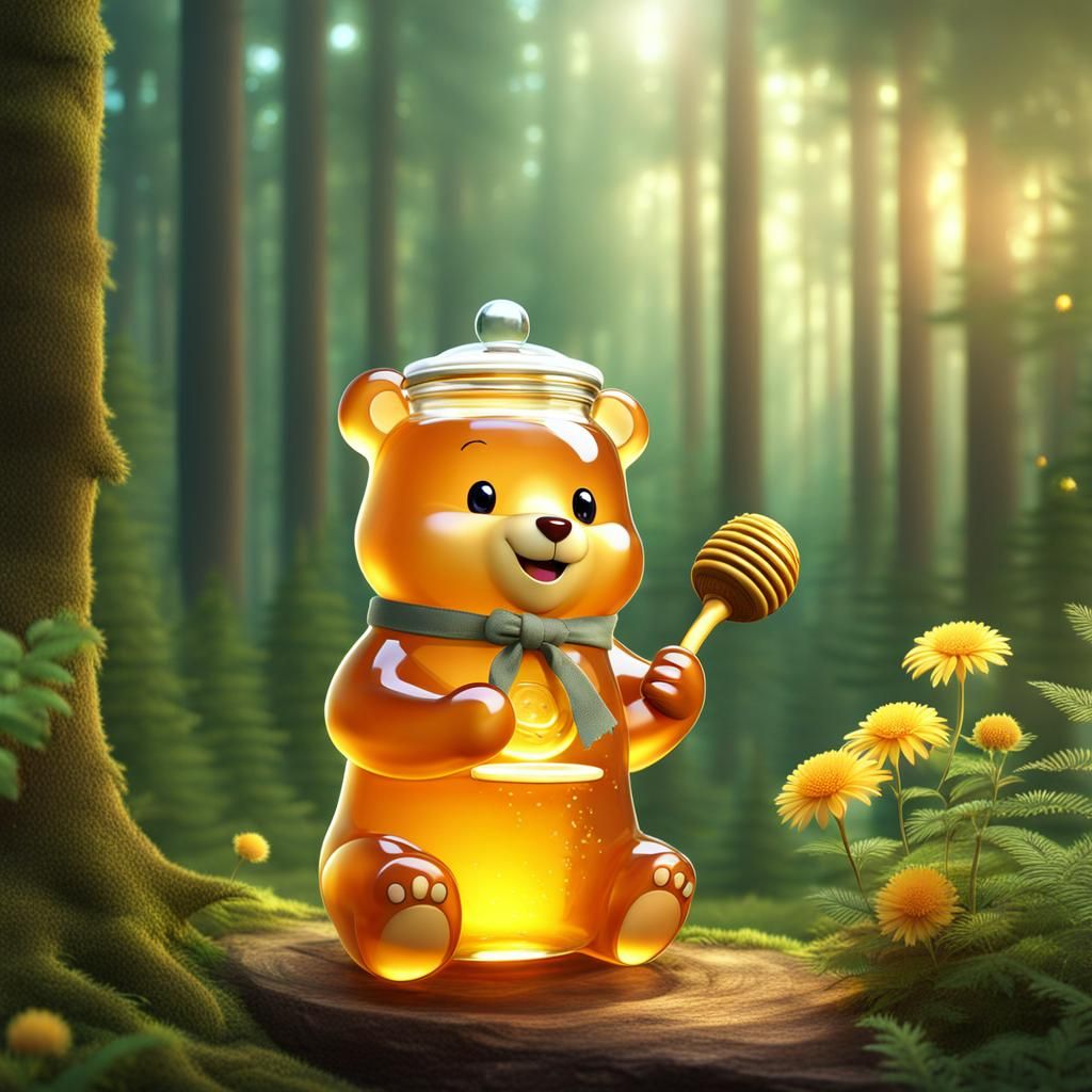 Transparent Jelly Bear with Honey Jar in Forest