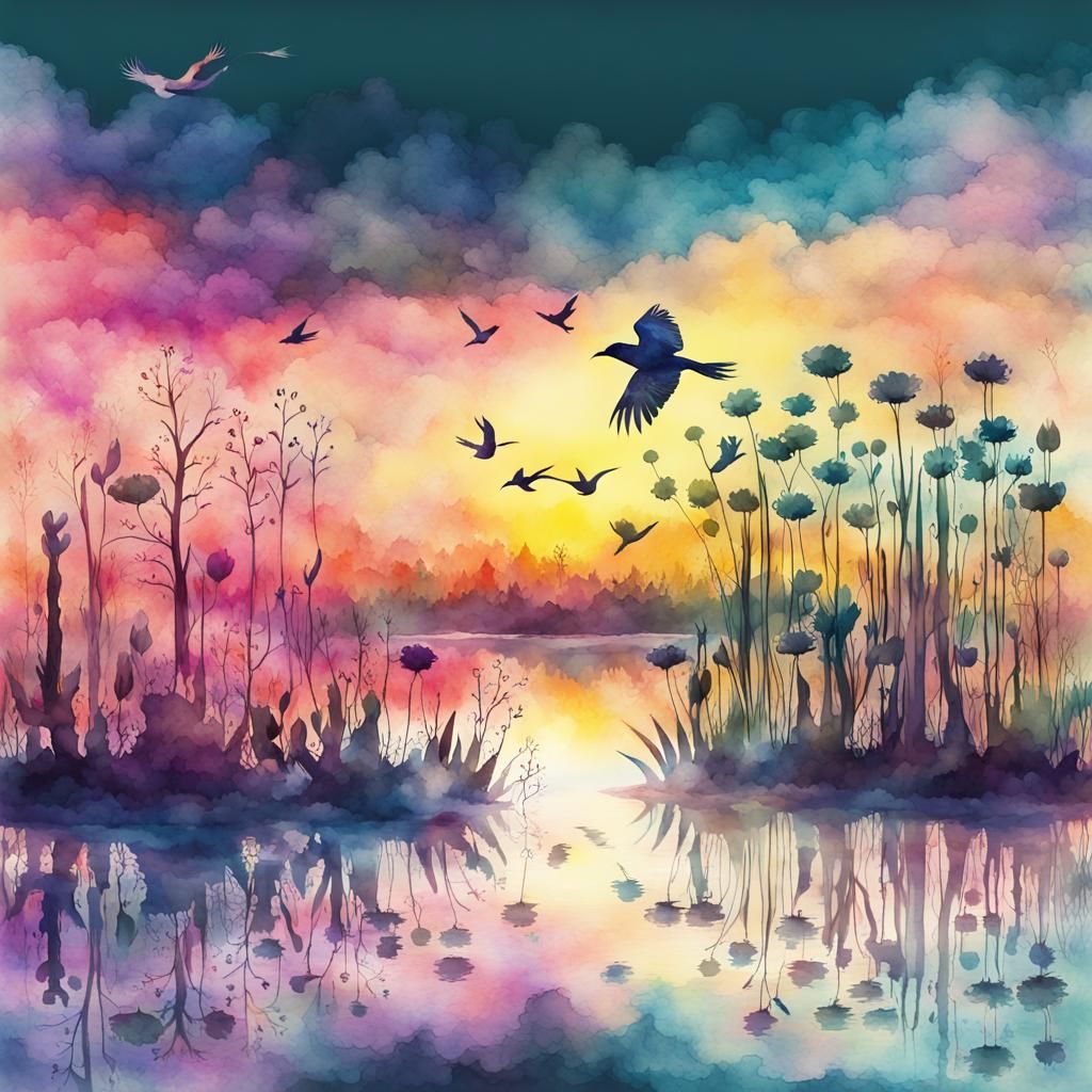 Watercolor Wetlands Sunset: Digital Double Exposure Art