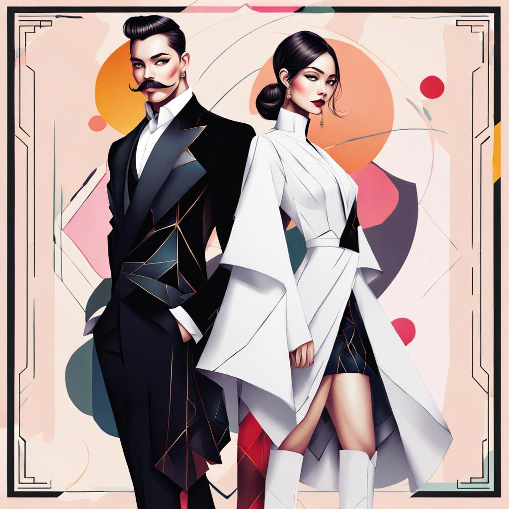 Split Portrait: Woman and Moustached Man in Ink Fusion