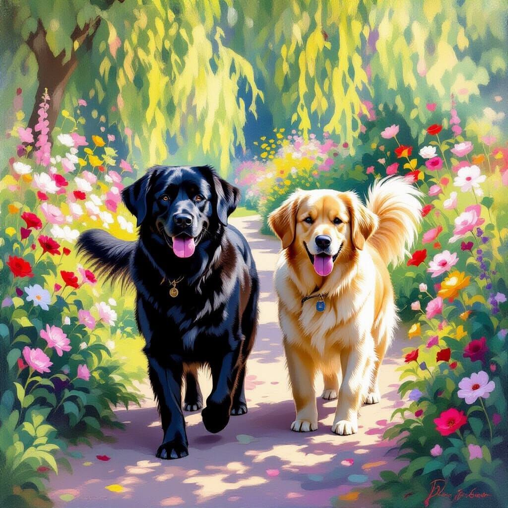 Labrador and Golden Retriever in Monet-Inspired Garden