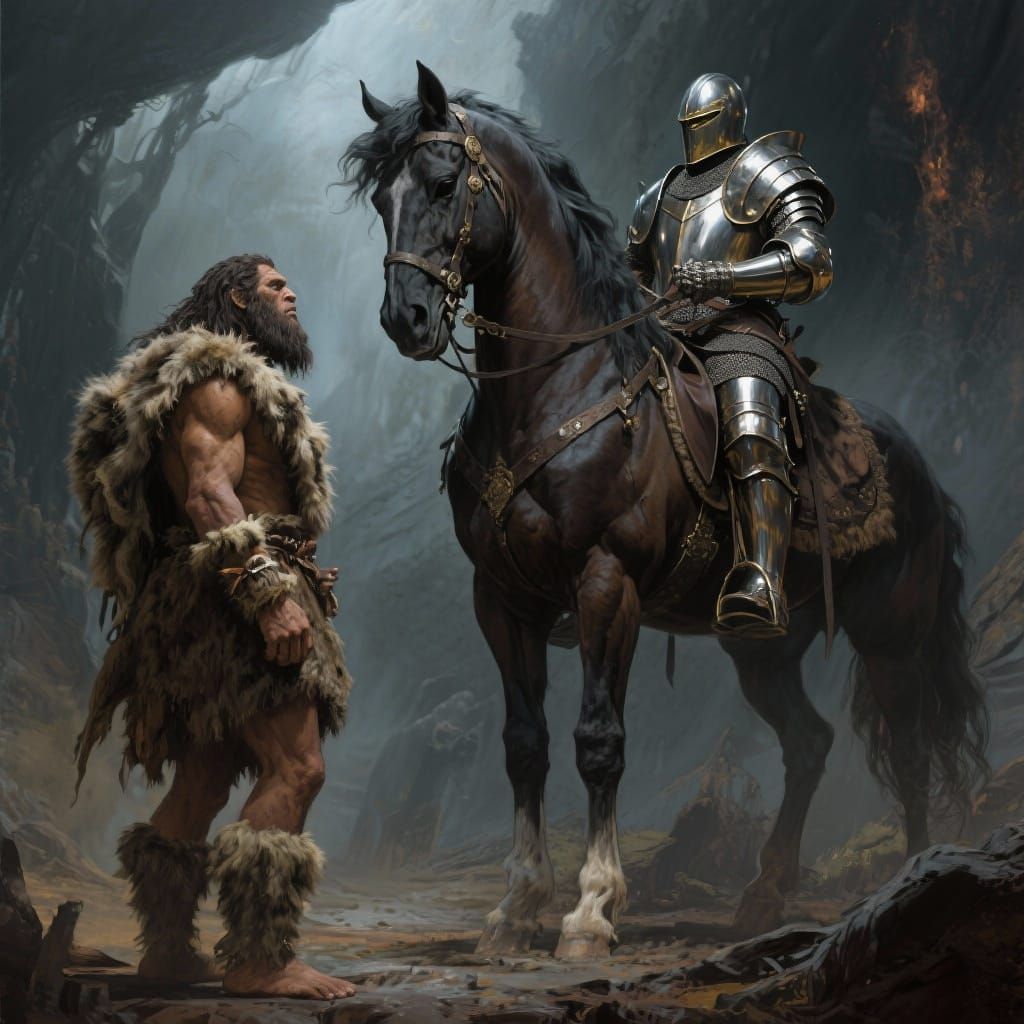 Caveman Meets Knight in Dramatic Fantasy Scene