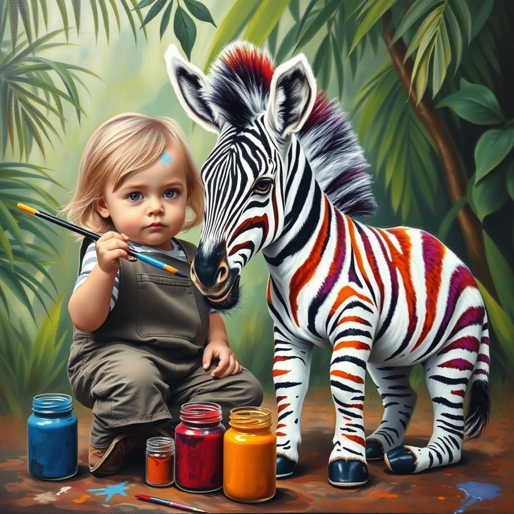 Serious Little Artist Paints Vibrant Zebra in Oil