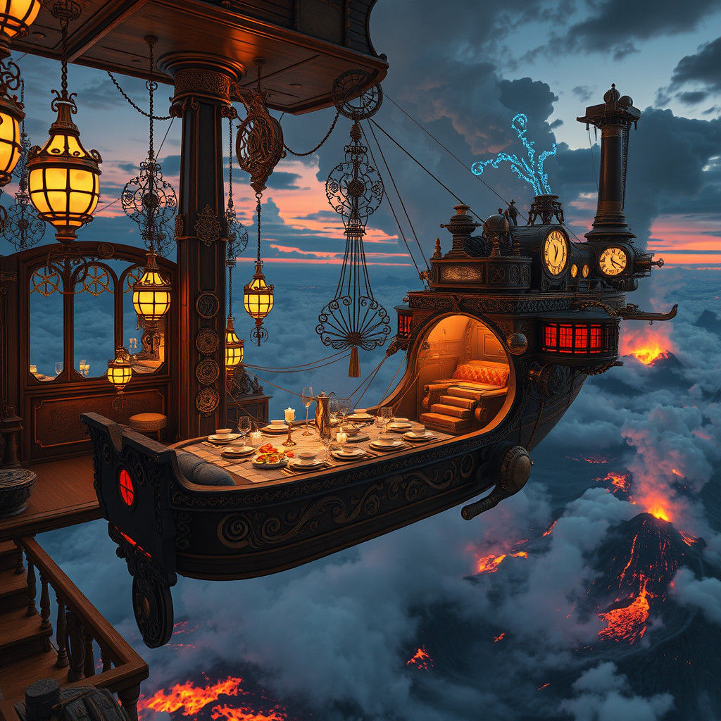 Steampunk Airship Dining Room in Ukiyo-e Style