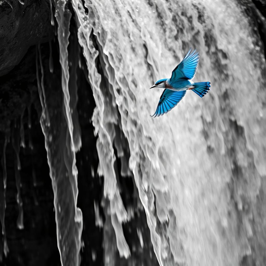 Blue Bird Over Black and White Waterfall
