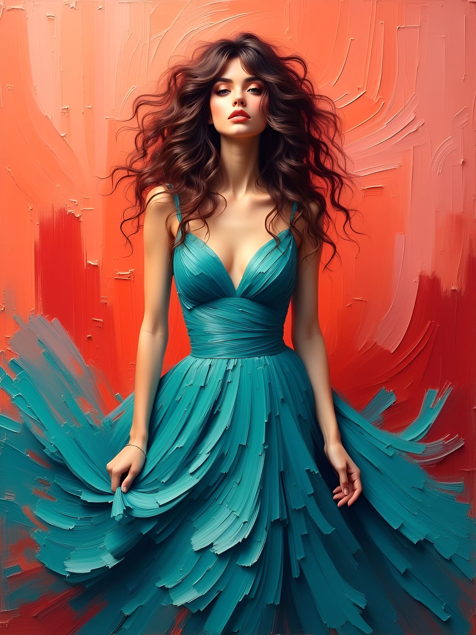 Muse in Teal Dress as Impasto Acrylic Painting
