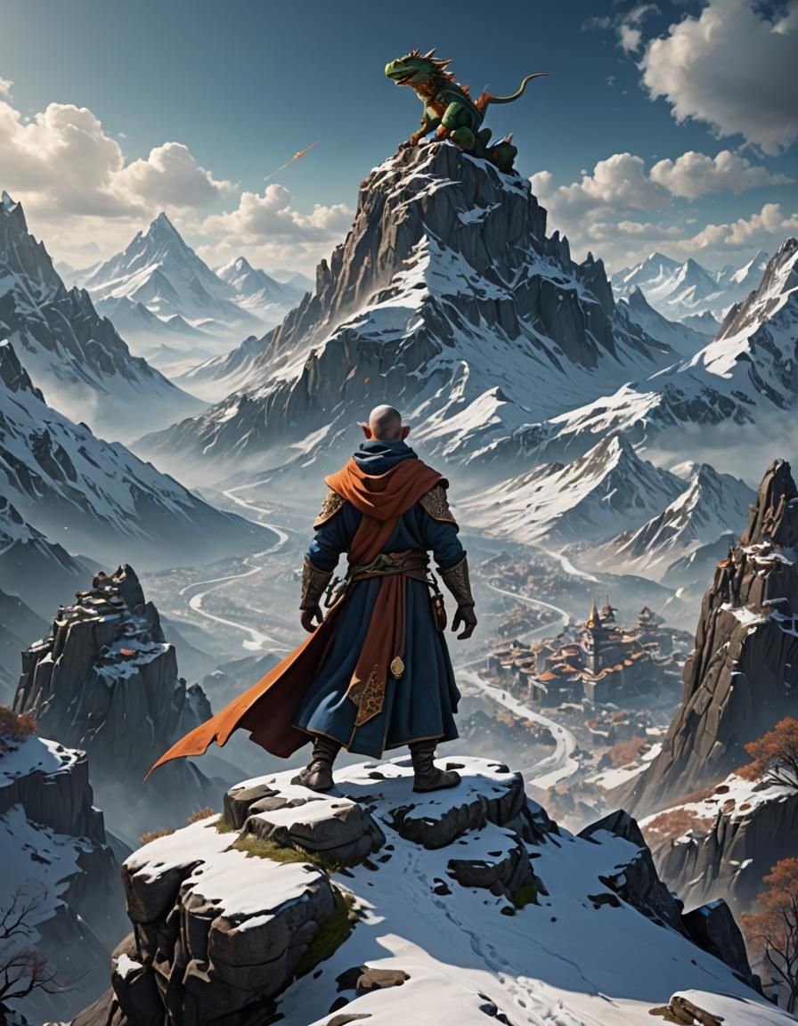 Werelizard Monk on Snowy Mountain: Fantasy Art