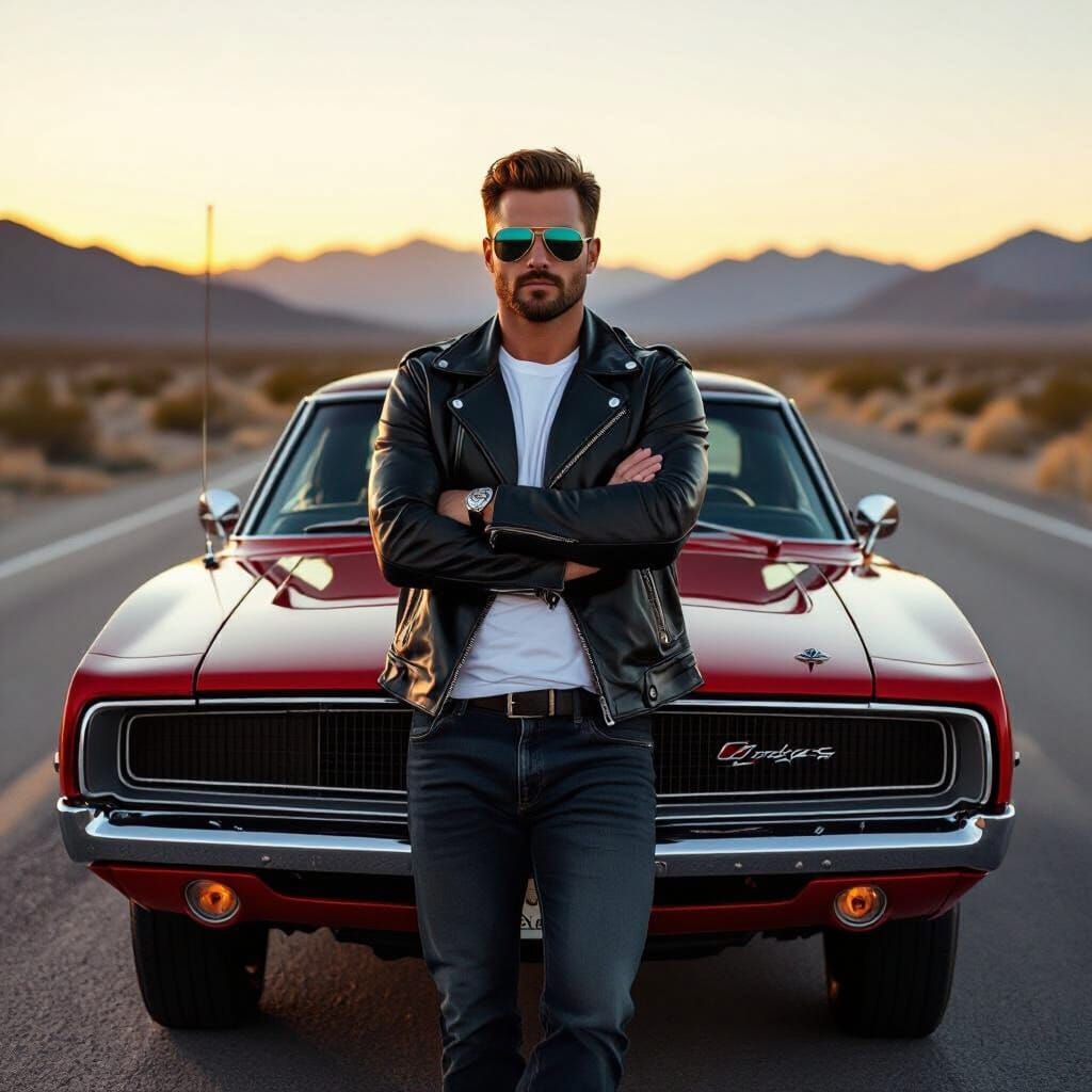 Man Leaning on Classic Red 1969 Dodge Charger