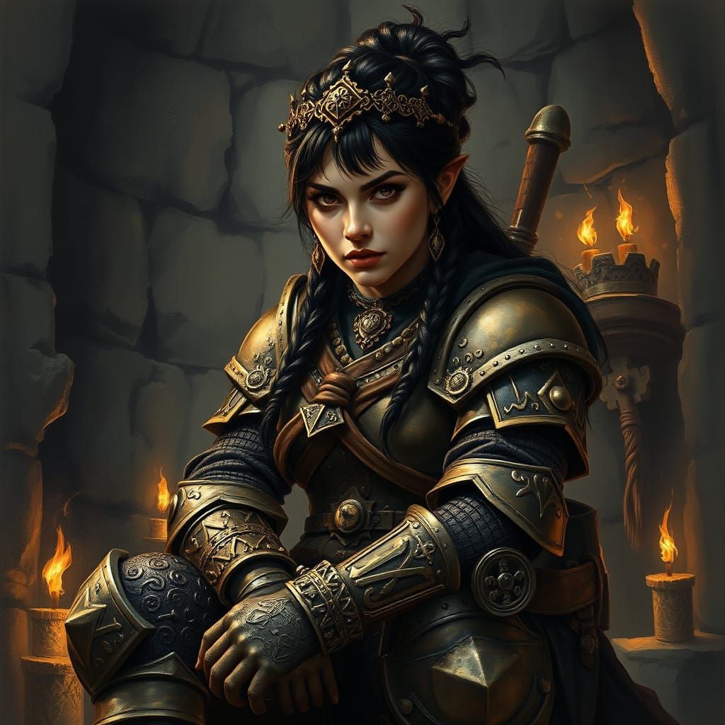 Medieval Dwarven Warrior Maiden in Chiaroscuro Armor