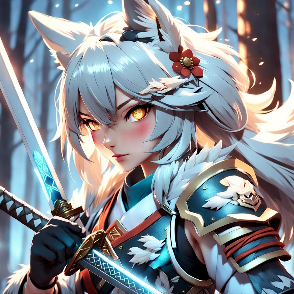 Anime Wolf Girl Samurai with Glowing Sword