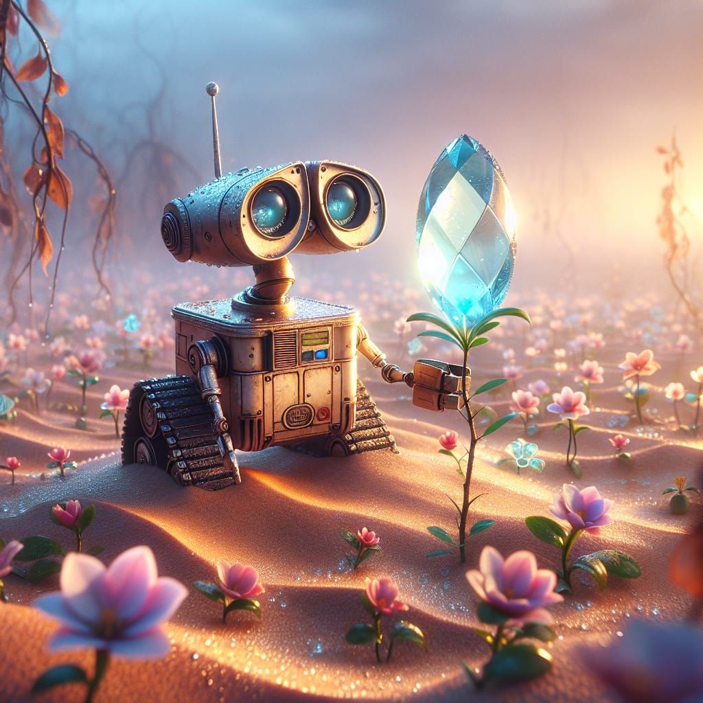 Robot Finds Crystal Flower in Desert Landscape