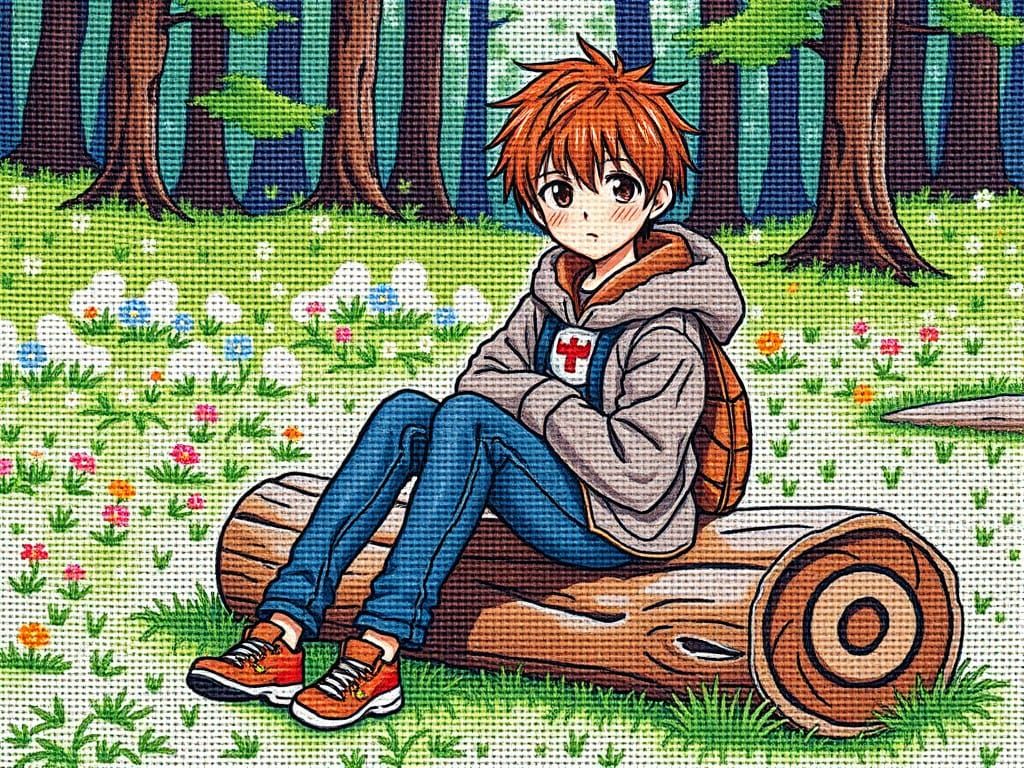 Anime-Inspired Needlepoint Portrait of Teenager in Forest Se...