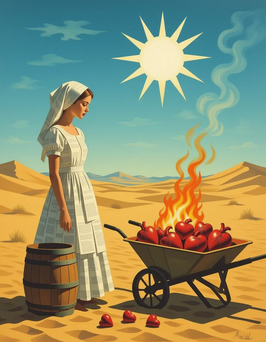 Surreal Desert Scene: Woman Embodies Paper by Burning Barrel