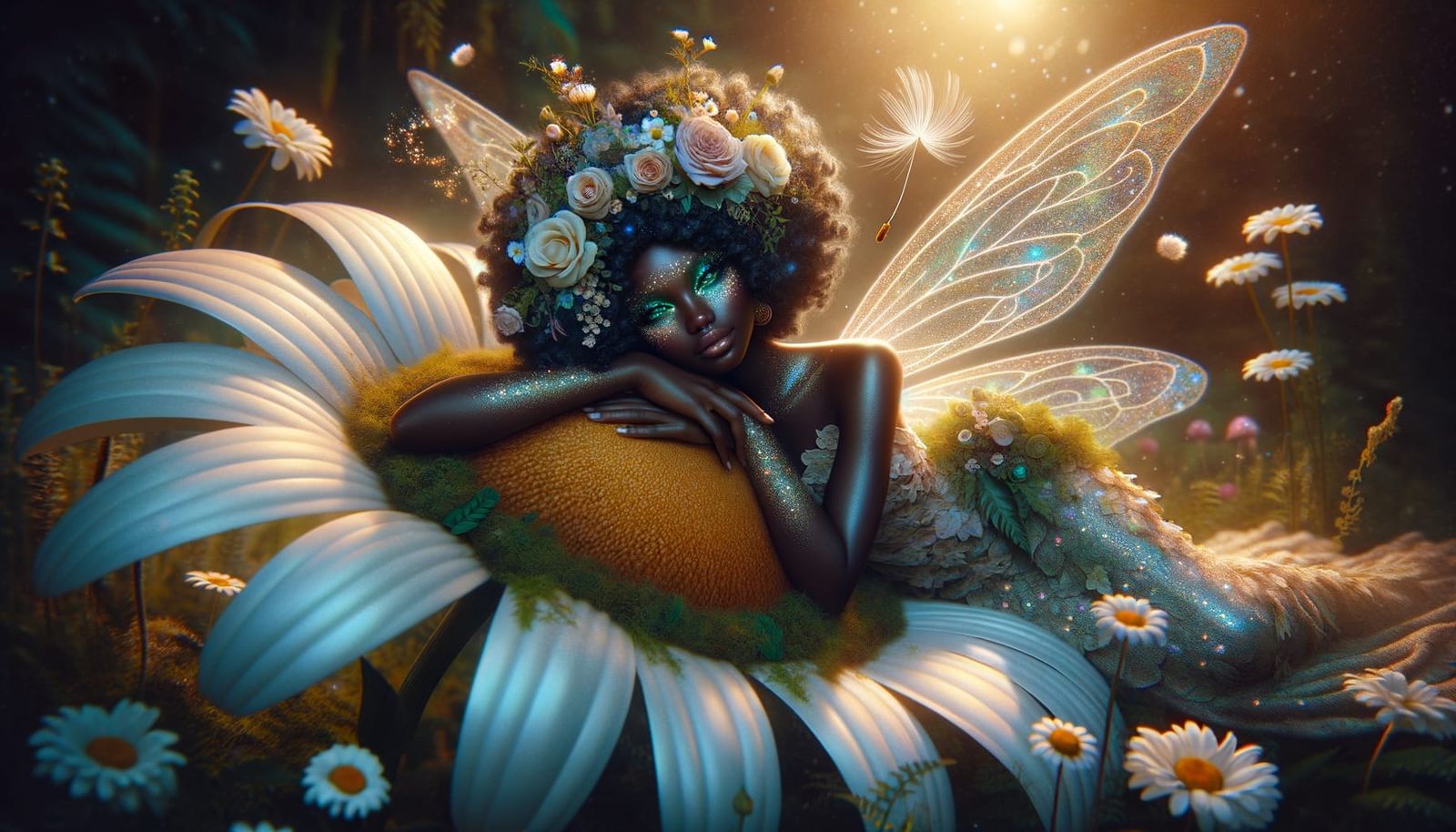 Radiant Fairy Reclining on Daisy in Enchanted Woodland