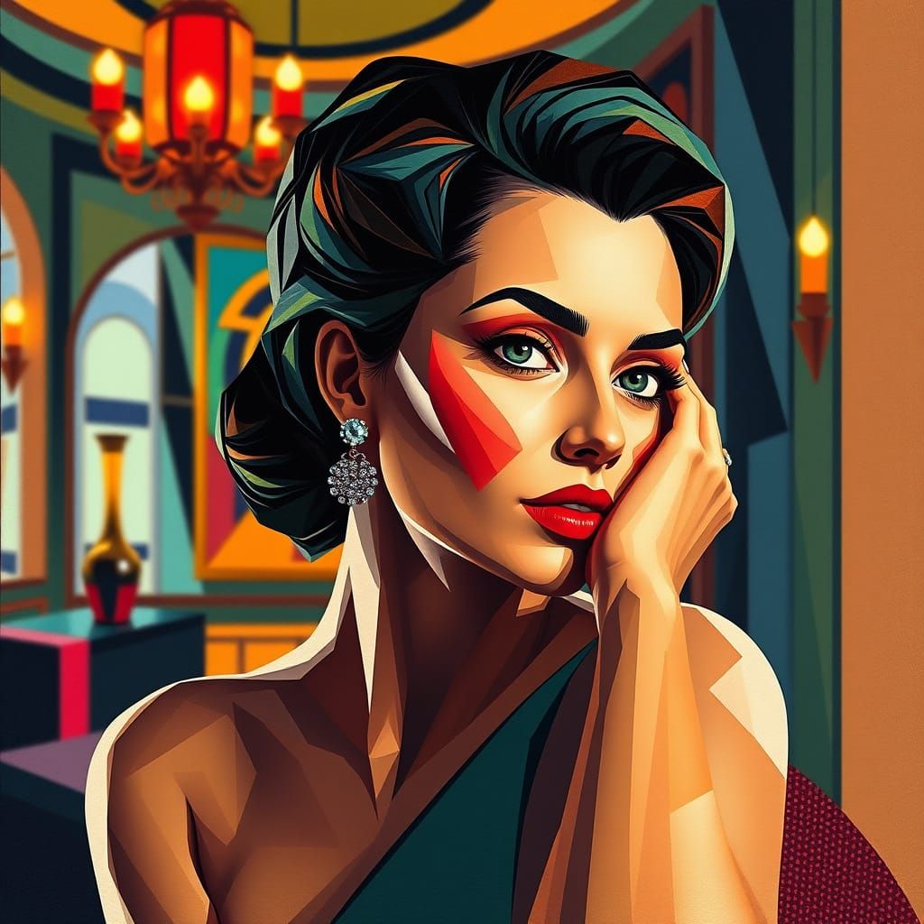 Cubist Woman Portrait in Art Deco Style