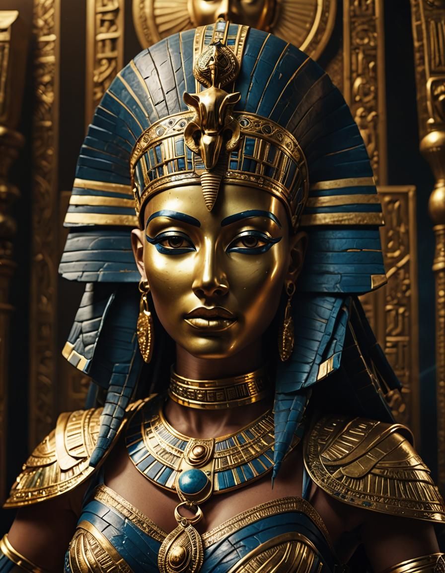 A  metal Ishtar wearing King Tut's gold death mask