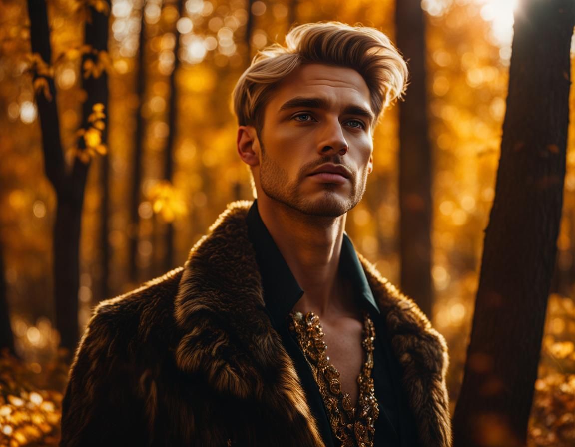 Romantic Golden Age Man Portrait in Autumn Forest