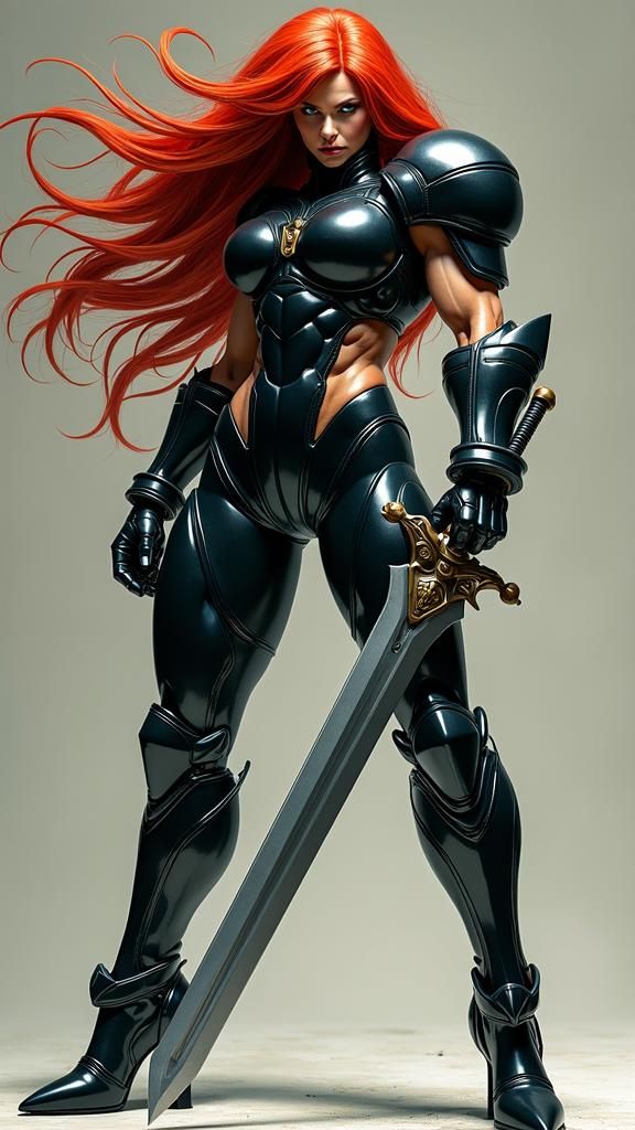 Muscular Female Warrior in Black Armor, Dark Fantasy Art