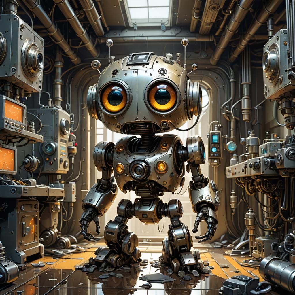 Chibi Robot Toddler in Science Lab: Hyperdetailed Digital Ar...