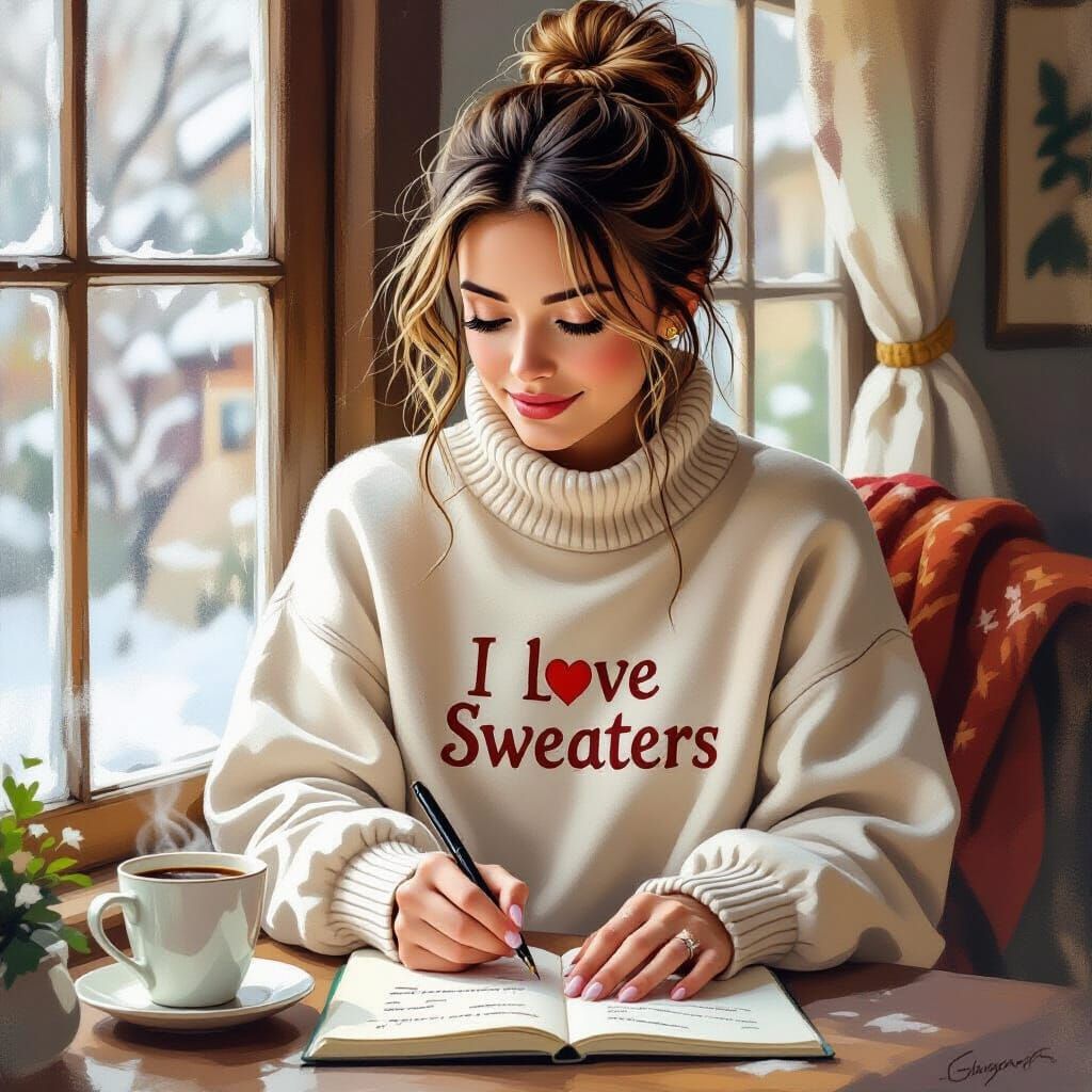 Cozy Woman Prepares for Winter: Oil Painting