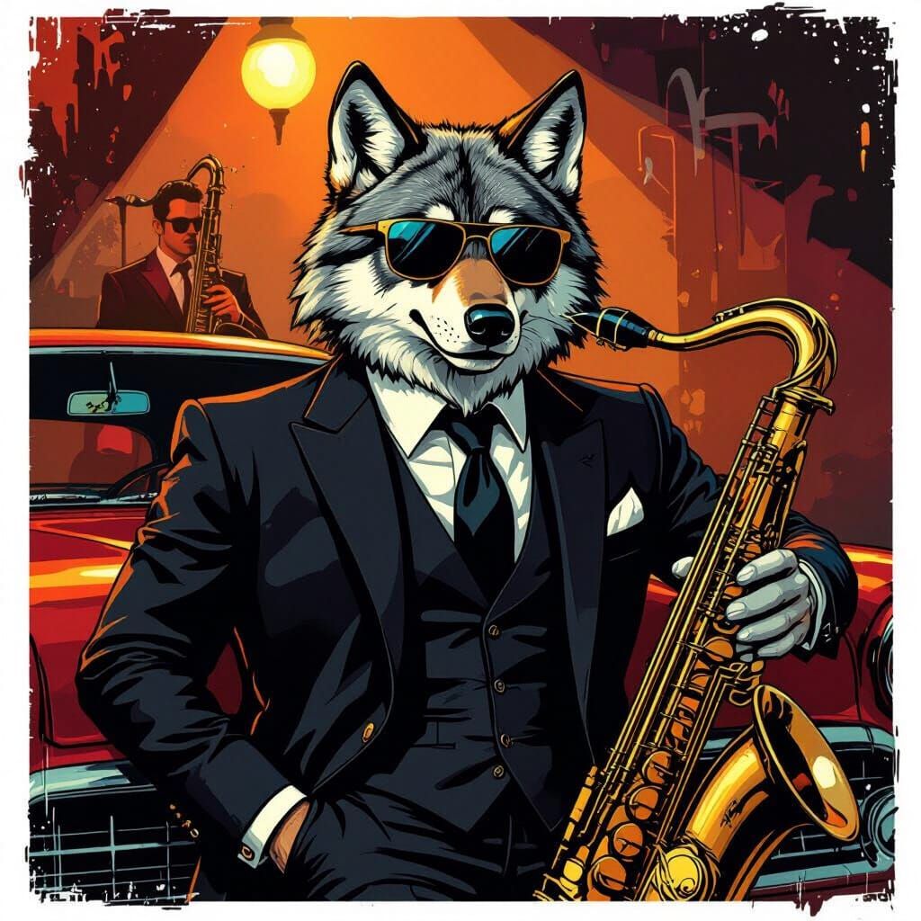 Cool Anthropomorphic Wolf in Jazz Club, Vector Graphics