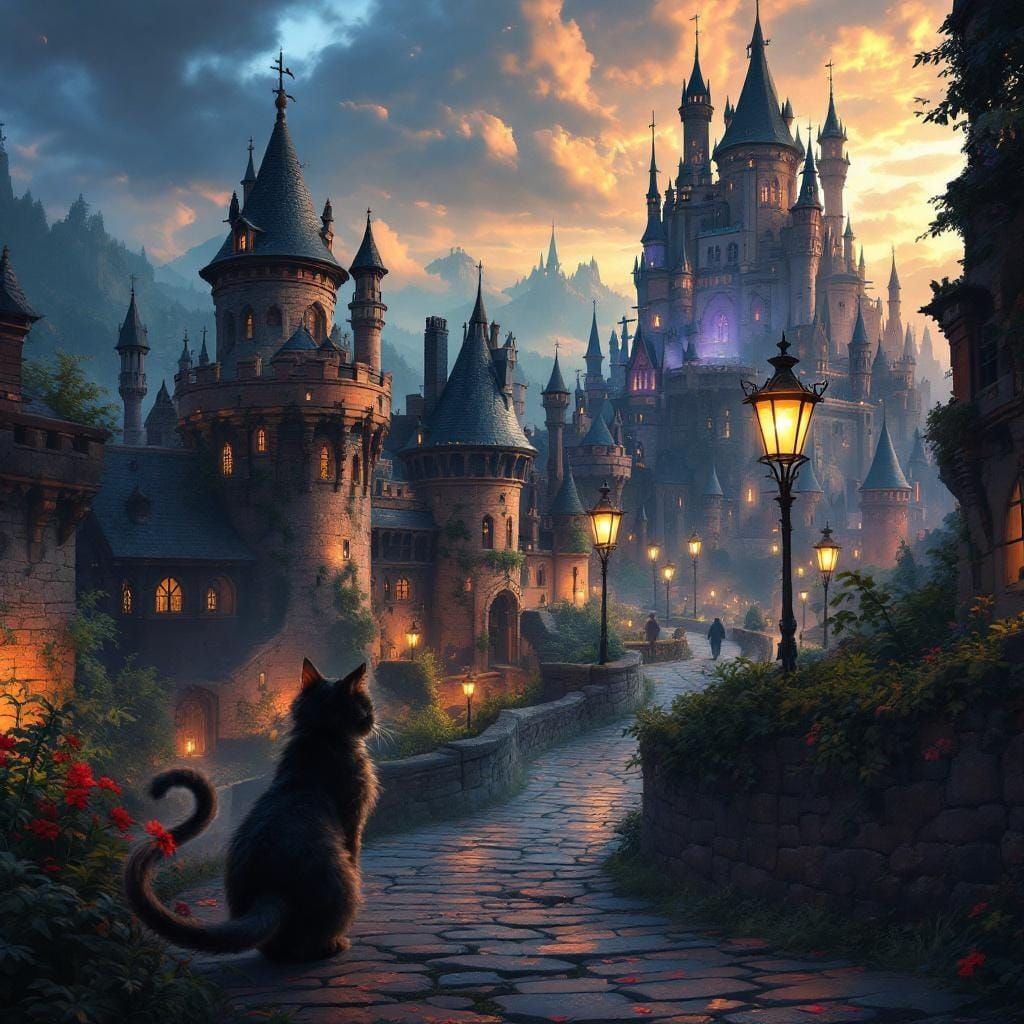 Magic Cat Wanders a Medieval Castle: Matte Painting