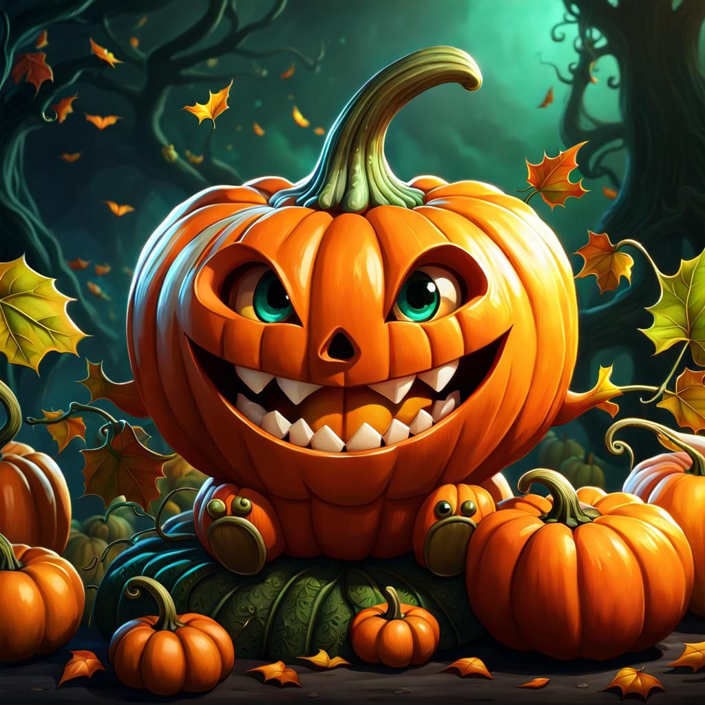 Adorable Anthropomorphic Baby Pumpkin Laughing: Digital Art