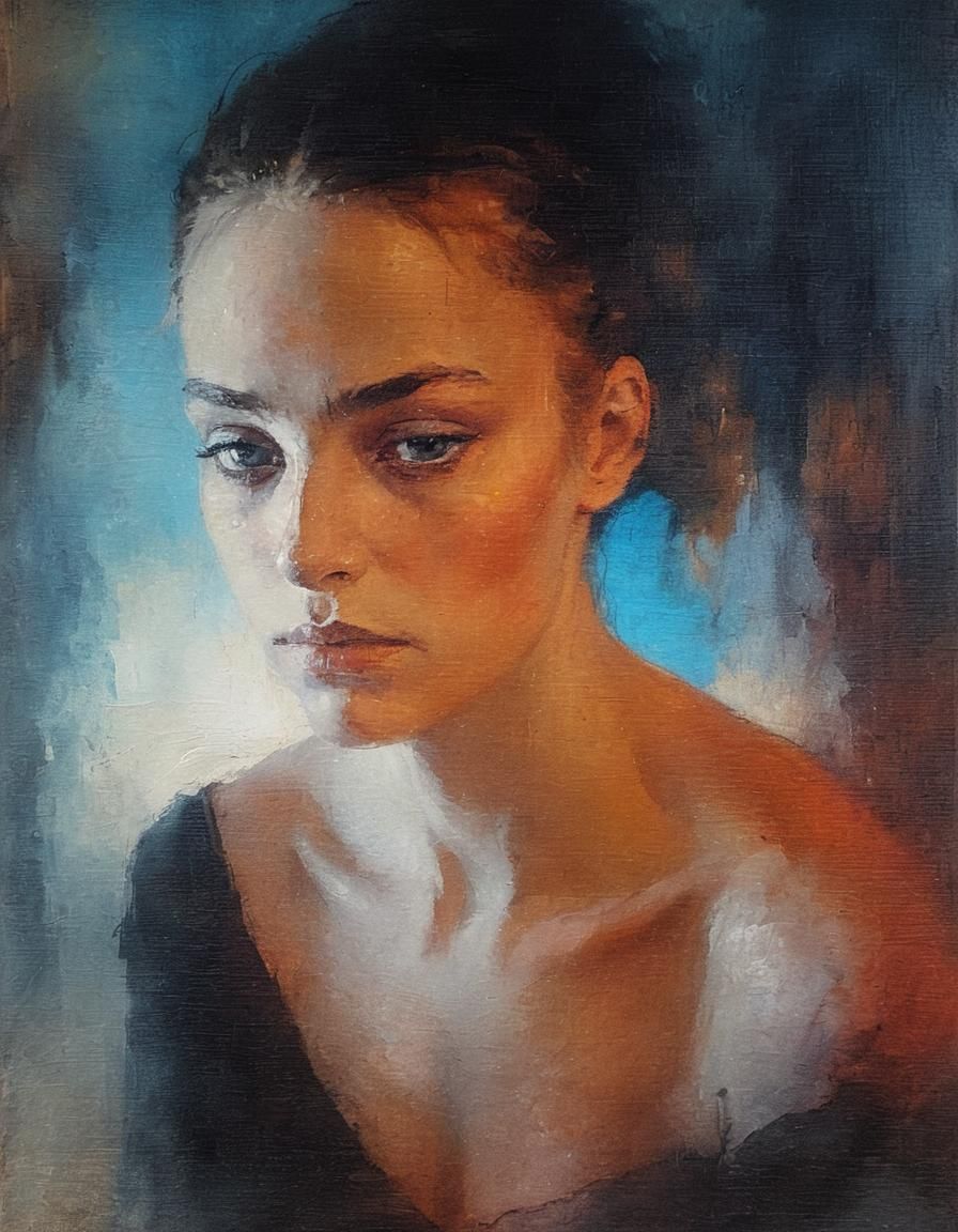 Girl Staring in Dark Room: Surreal Acrylic Painting