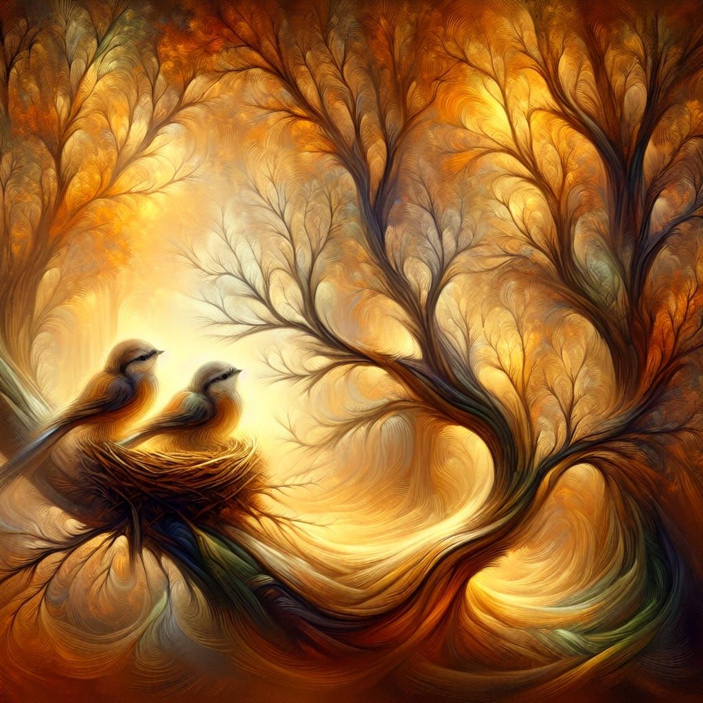 Golden Woodland Scene with Birds, Impressionistic Style