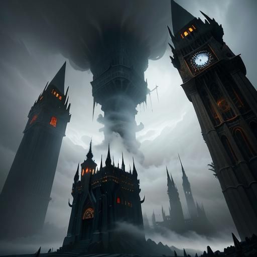 Brooding Lord at Tower of Despair in Dystopian Style