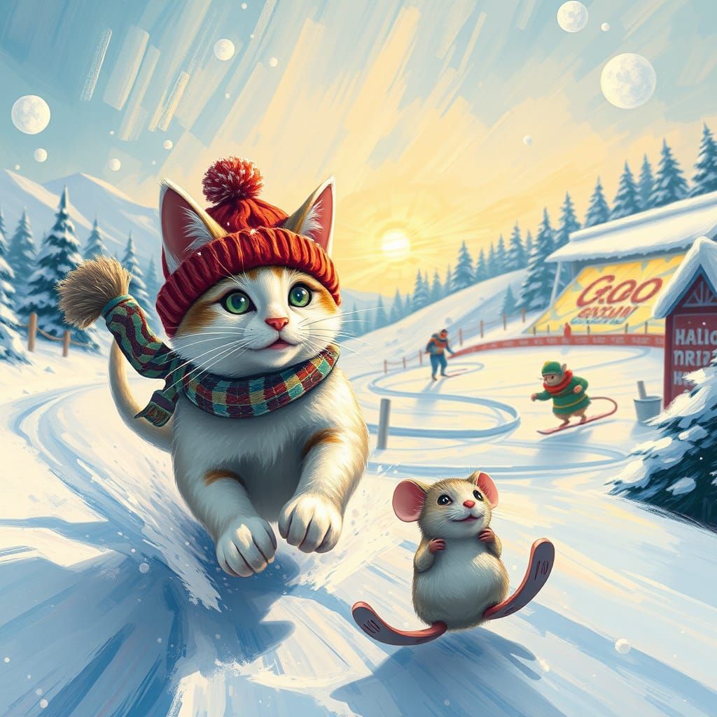 Whimsical Snow Chase in Van Gogh Style Olympics Poster