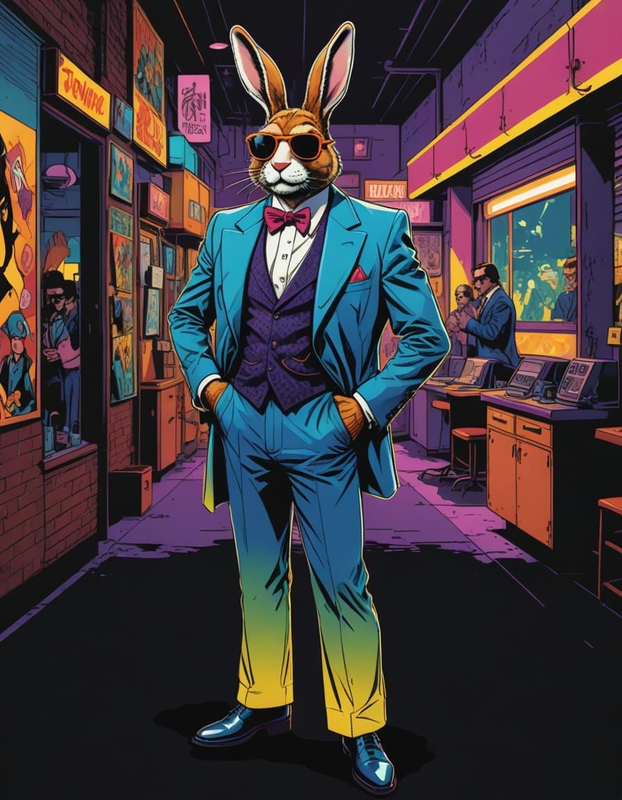 70s Retro Pimp Bunny in Funky Comic Book Style