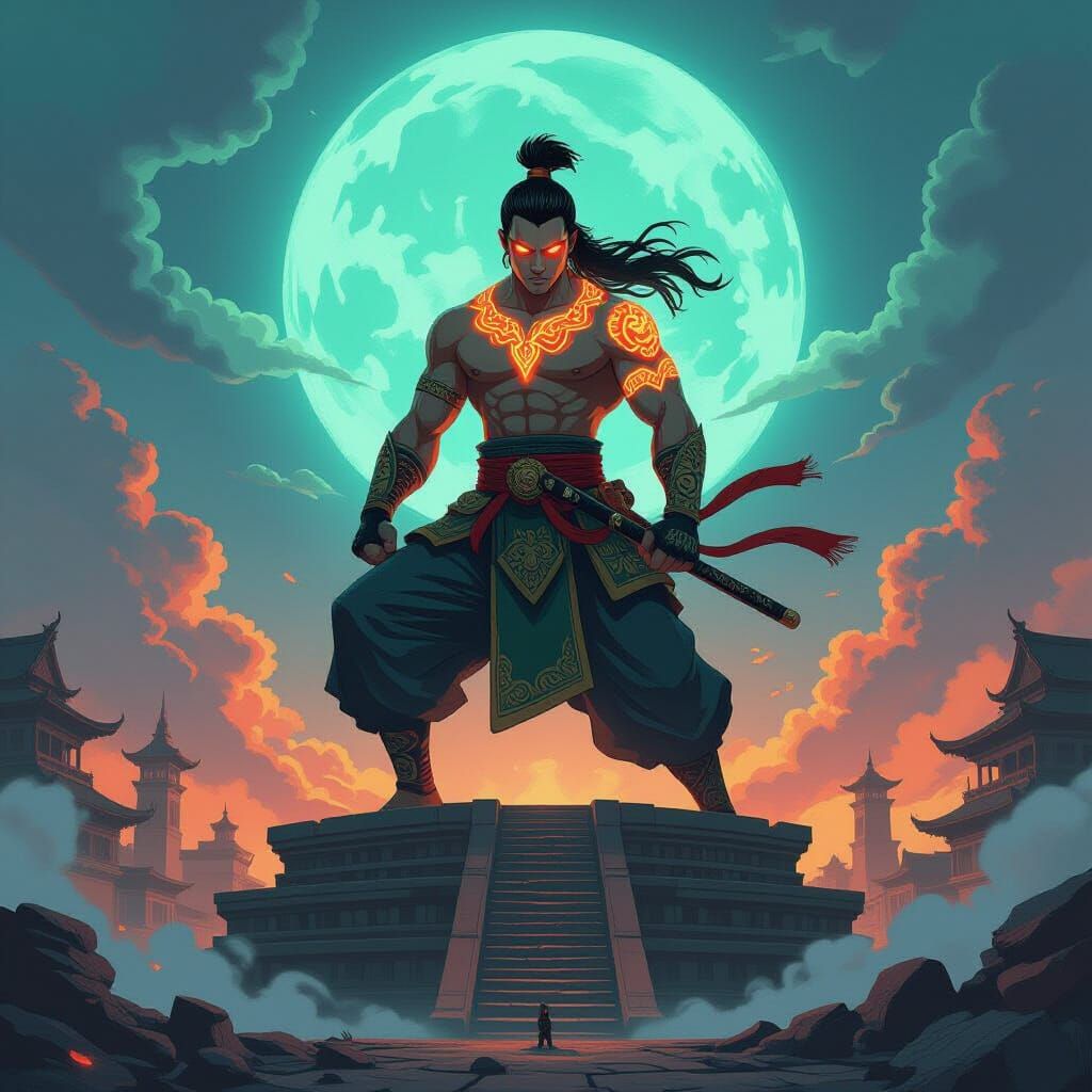Muay Thai Warrior on Ziggurat in Anime Style