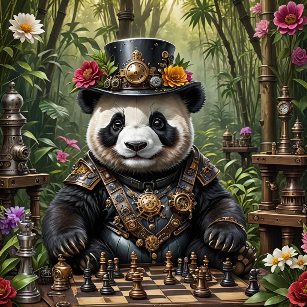 Steampunk Panda Cub Chess Masterpiece
