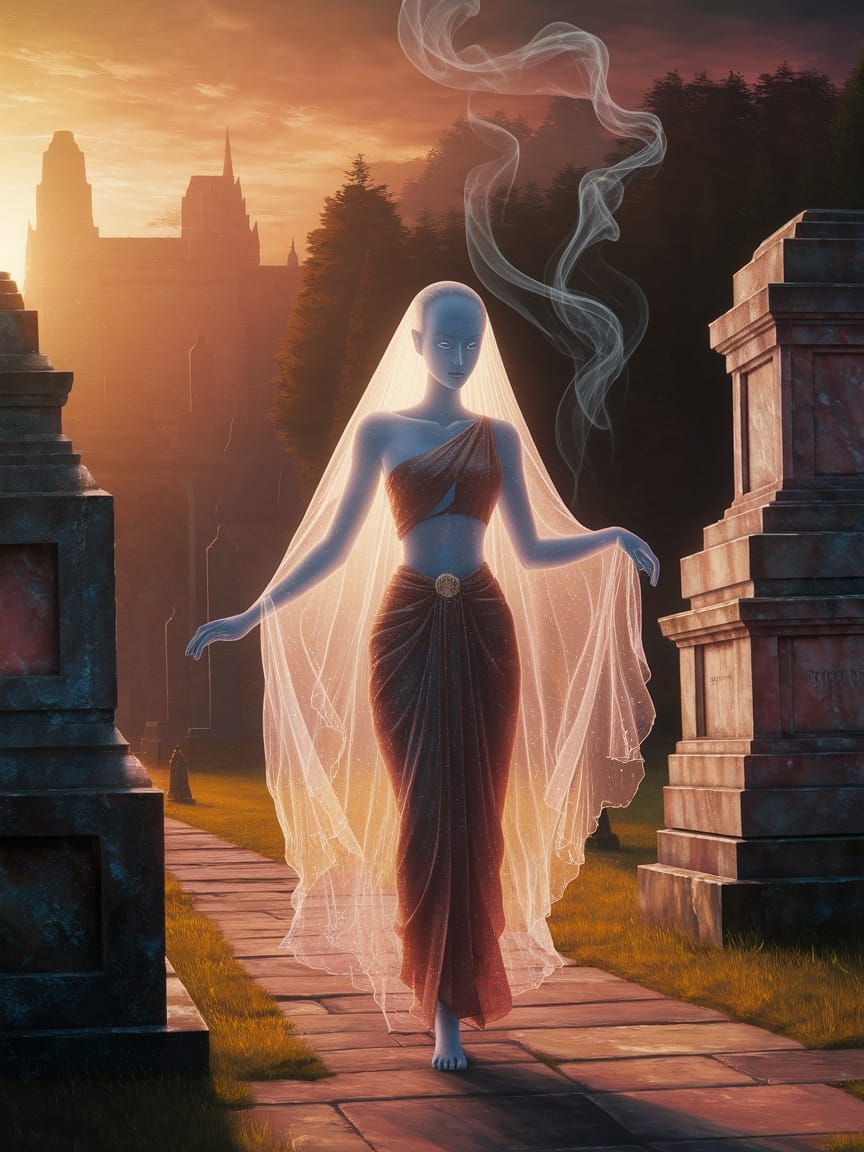 Thai Ghost at Crematorium in Oil Painting Style