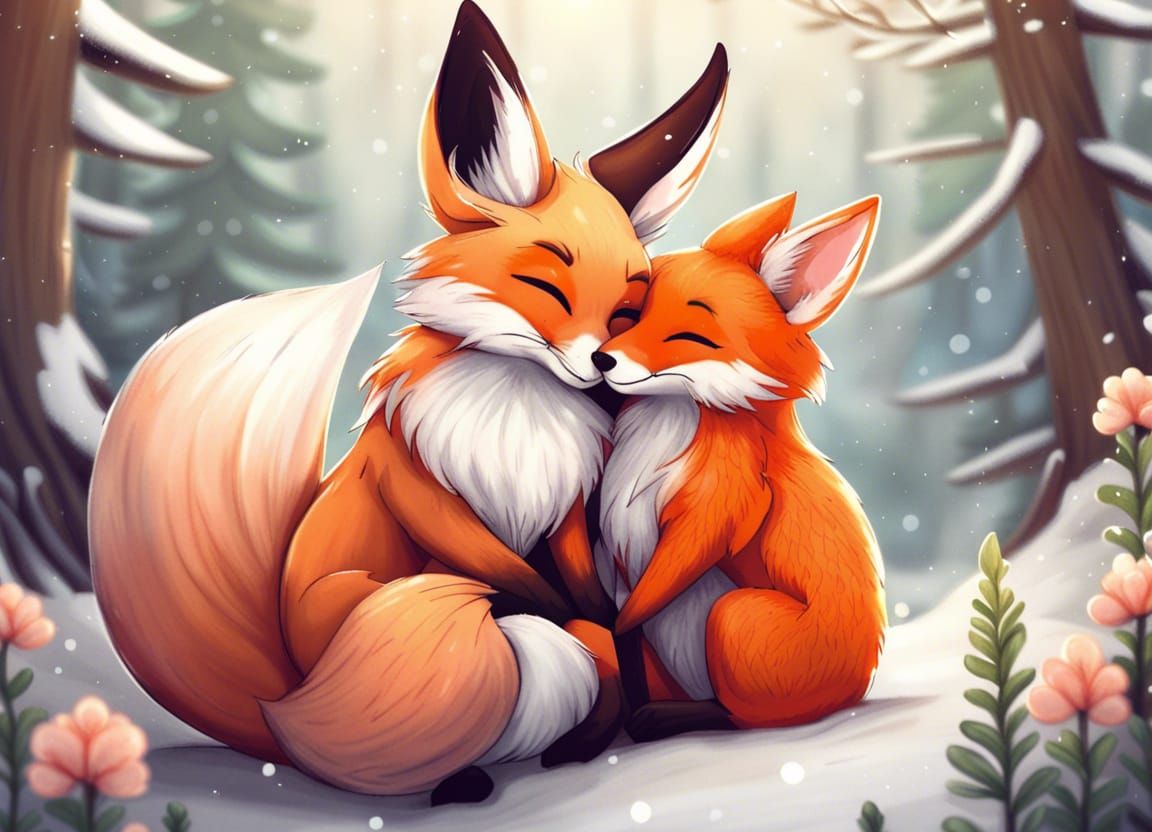 Fox and Bunny Snuggle in Snowy Anime Forest