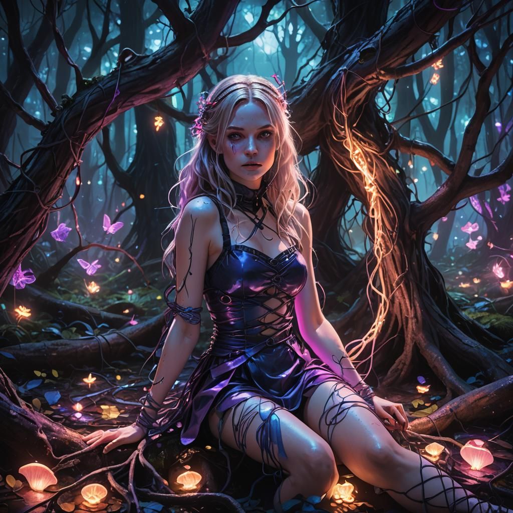 Neon-Lit Alice in Wonderland Forest Concept Art
