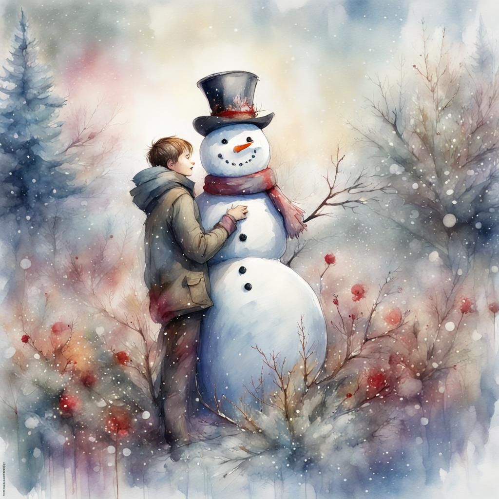 Christmas Snowman and Young Man in Watercolor Illustration