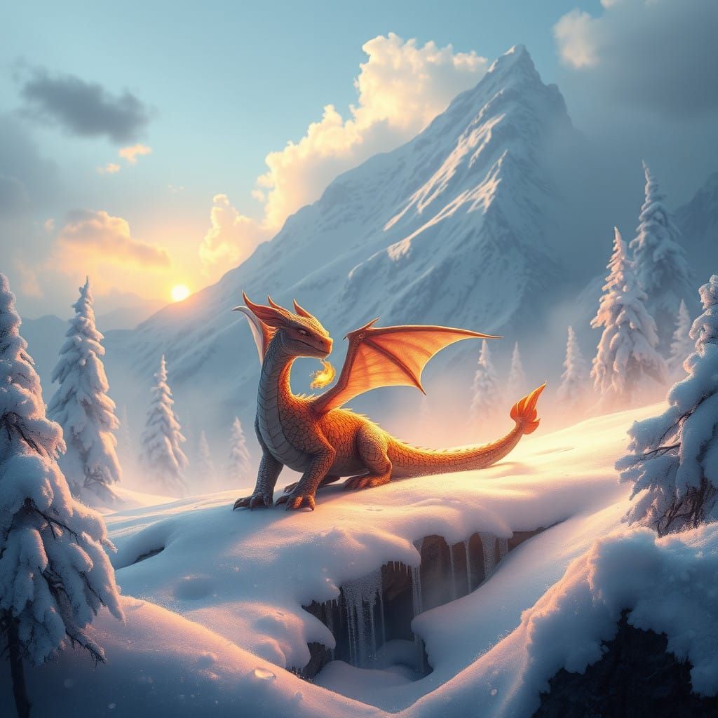 Young Dragon Plays in Serene Snow-Covered Mountainscape