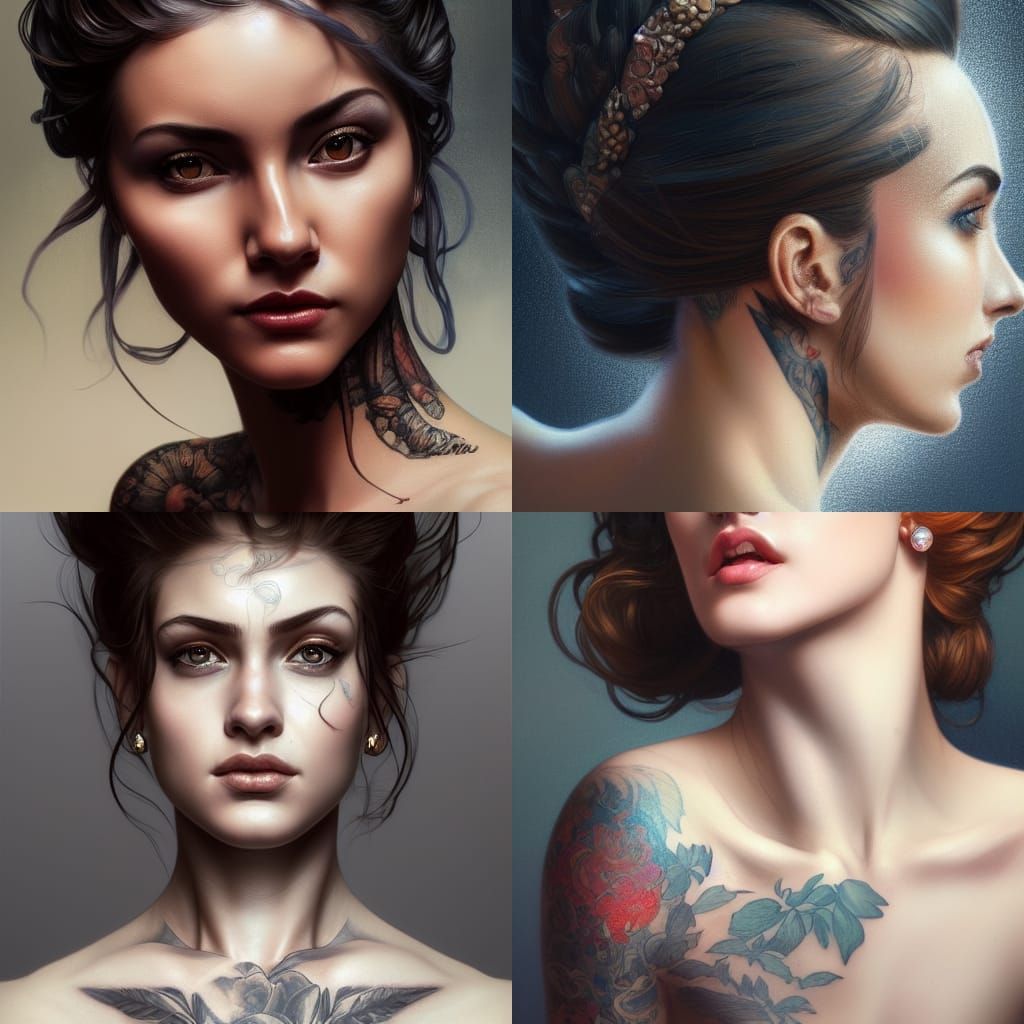 Hyperrealistic Portrait of Tattooed Woman by Rutkowski
