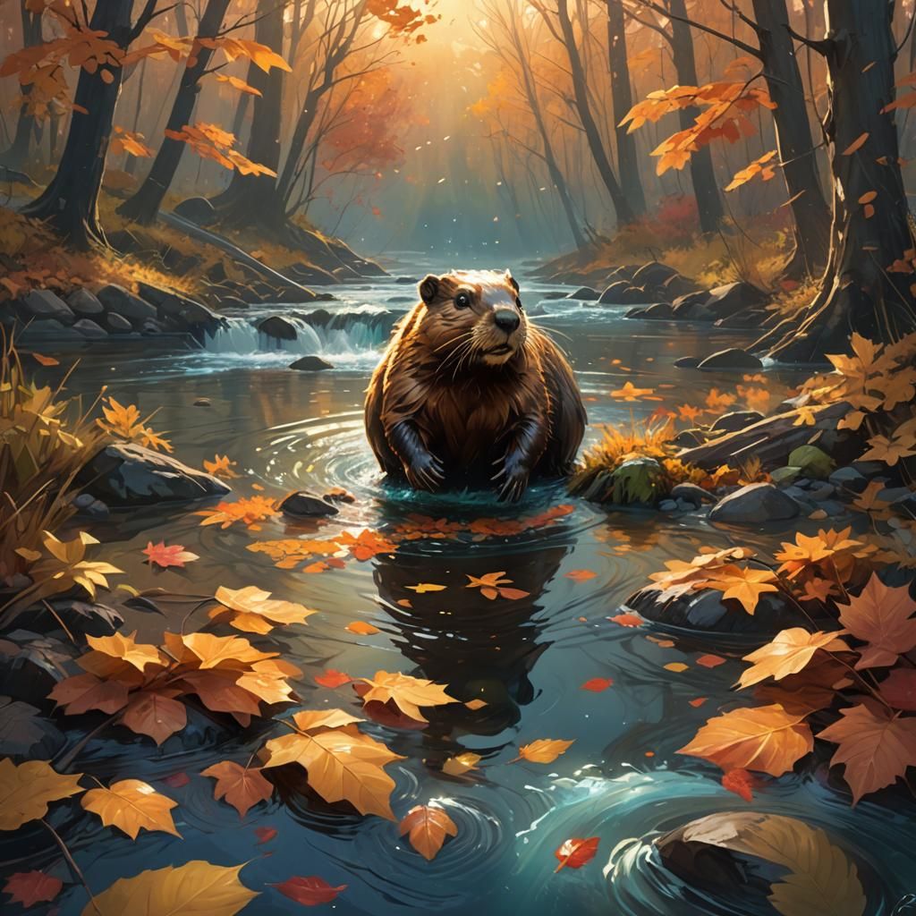Beaver in Autumn Stream, Vibrant Oil Painting