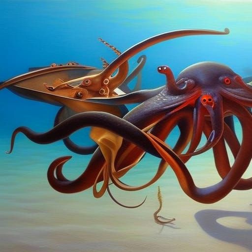 Asian Squid vs Octopus: Hyperrealistic Oil Painting